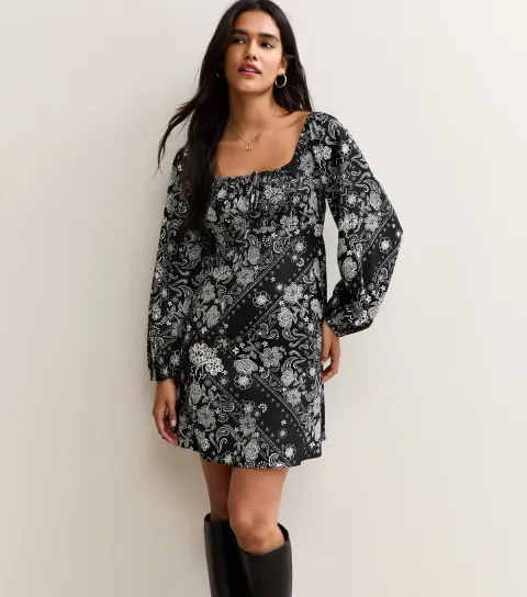 Women's Black Paisley Print Long Sleeve Milkmaid Mini Dress
