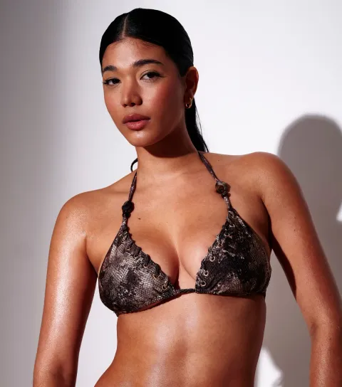 Women's Brown Snake Print Beaded Triangle Bikini Top