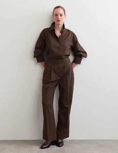 Jaeger Wool Rich Pinstripe Tapered Trousers Chocolate Mix