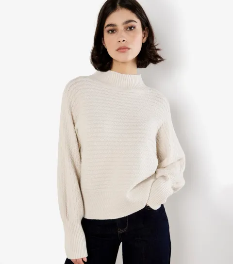 Women's Stone High Neck Cable Batwing Jumper