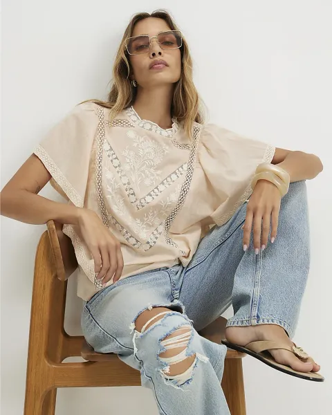 River Island Cotton Short Sleeve Lace Insert Blouse