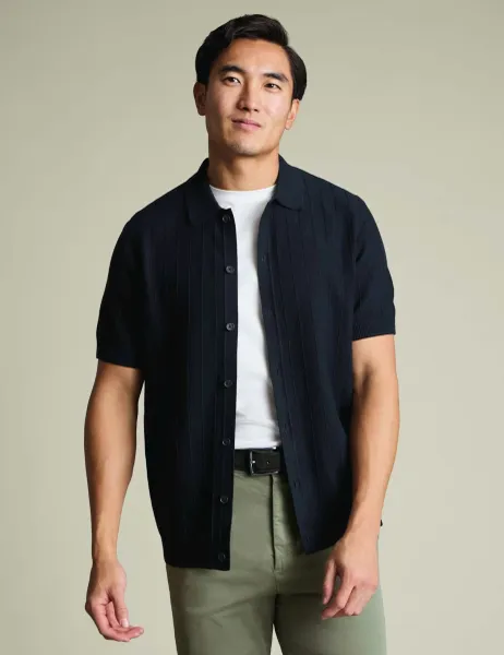 Charles Tyrwhitt Pure Cotton Textured Knitted Polo Shirt Navy