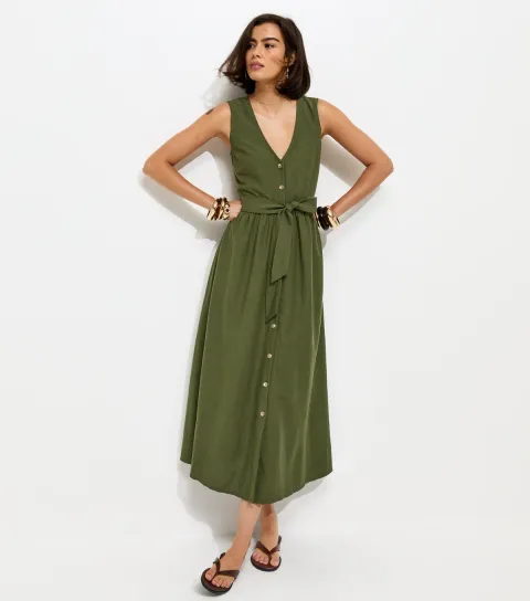 Women's Dark Khaki Sleeveless Button Through Midi Dress