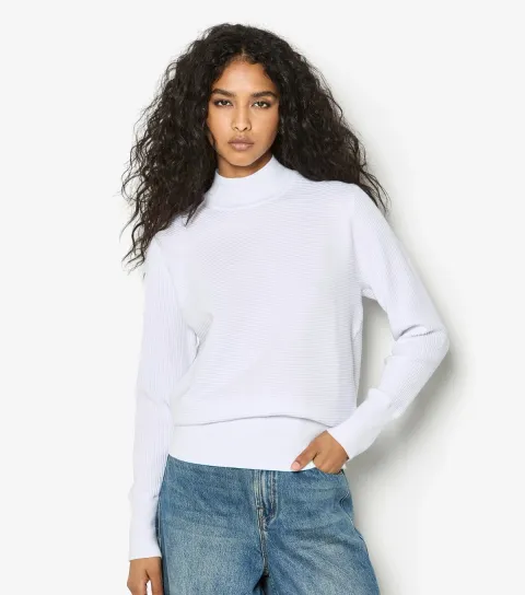 Women's White Ribbed High Neck Jumper