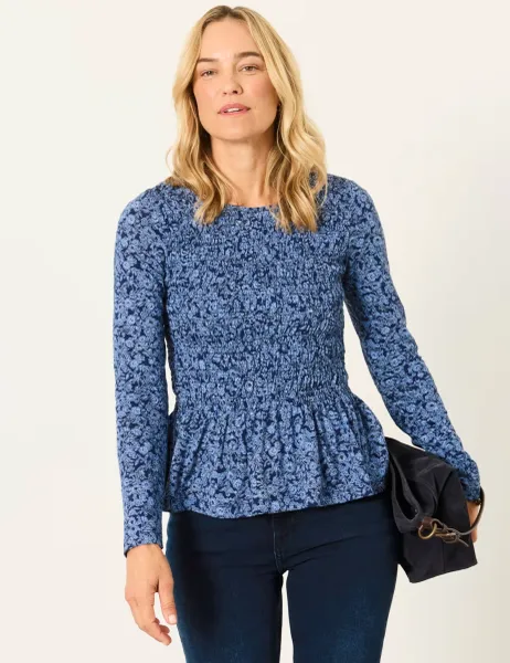 FatFace Cotton Rich Floral Shirred Peplum Top Blue Mix
