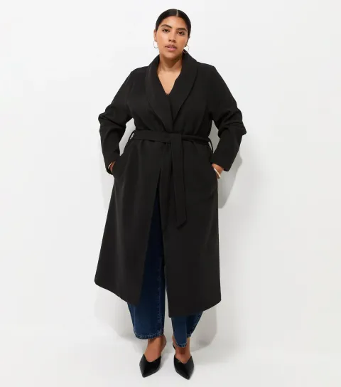 Women's Plus Size Black Shawl Lapel Midi Coat Curves