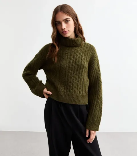 Women's Khaki Cable Knit Roll Neck Jumper