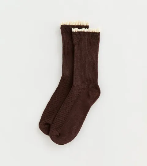 Dark Brown Ribbed Crochet Frill Ankle Socks
