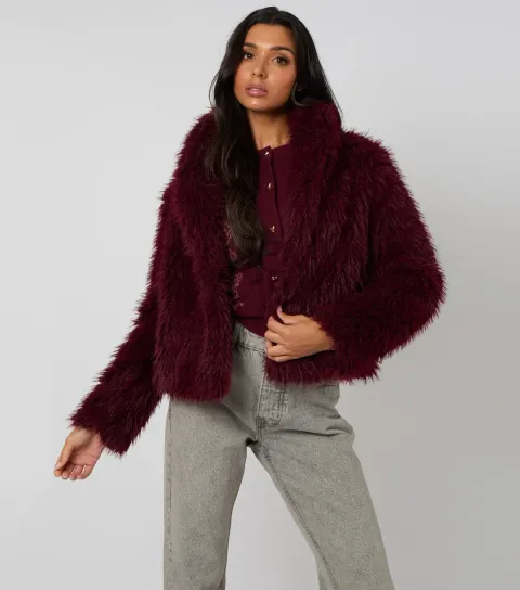 Women's Dark Burgundy Faux Fur Jacket
