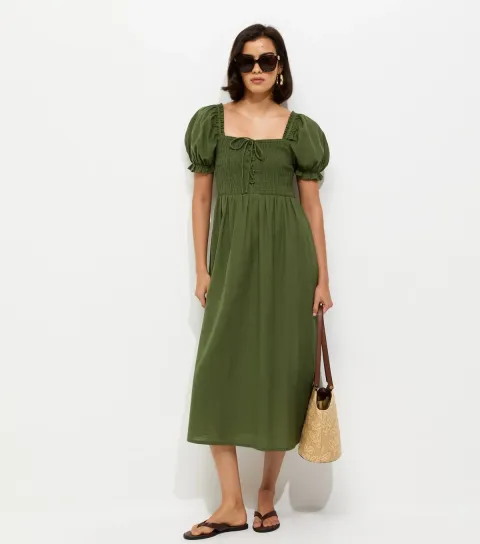 Women's Dark Khaki Cotton Shirred Short Sleeve Midi Dress