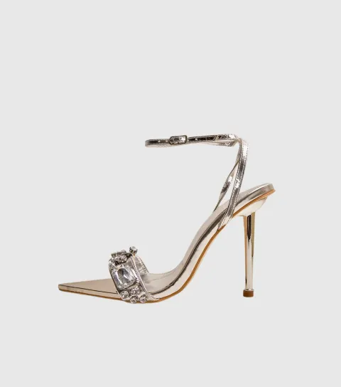 Women's Silver Icicle Jewel Faux Leather Pointed Toe Stiletto Sandals