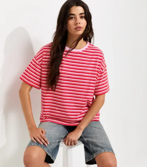 Women's Pink Cotton Striped Boxy Crew Neck T-Shirt