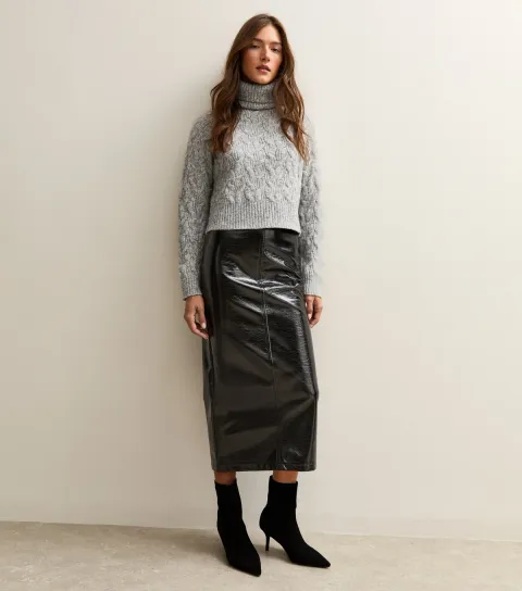 Women's Black Cracked Faux Leather Midi Skirt