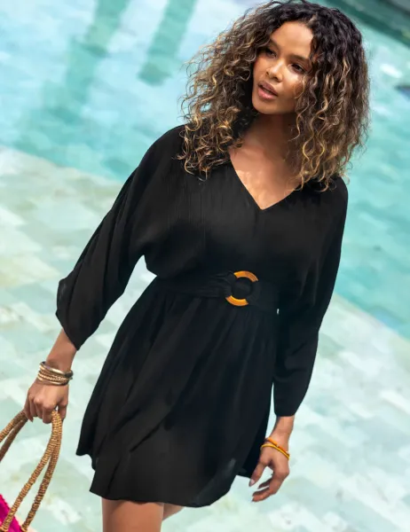 Pour Moi Crinkle O Ring Short Beach Kaftan Black