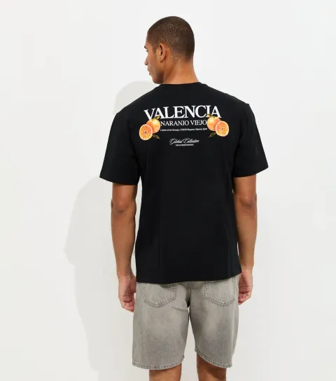 Men's Black Cotton Regular Fit Valencia Fruit Print T-Shirt