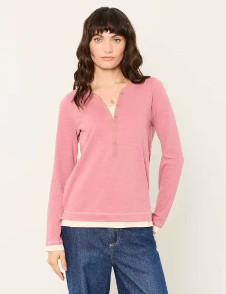 FatFace Pure Cotton V-Neck Button Detail Henley Top Pink Mix