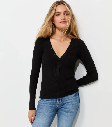 Women's Black Ribbed Knit Lightweight Henley Top
