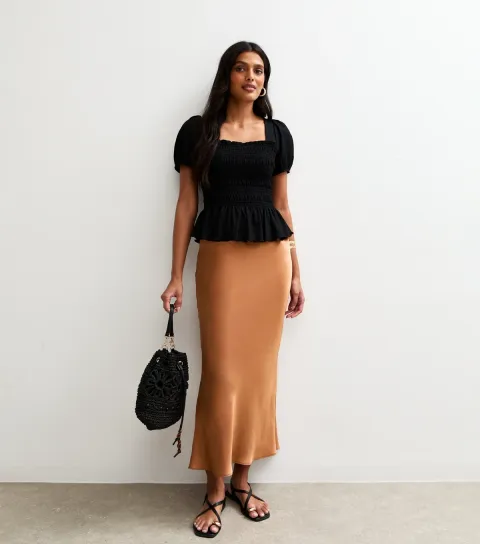 Women's Burnt Orange Satin Bias Cut Satin Midi Skirt