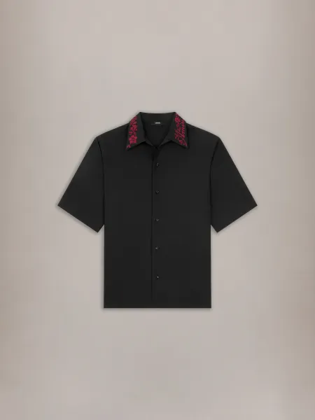 REGULAR FIT FLORAL COLLAR SHIRT - Black