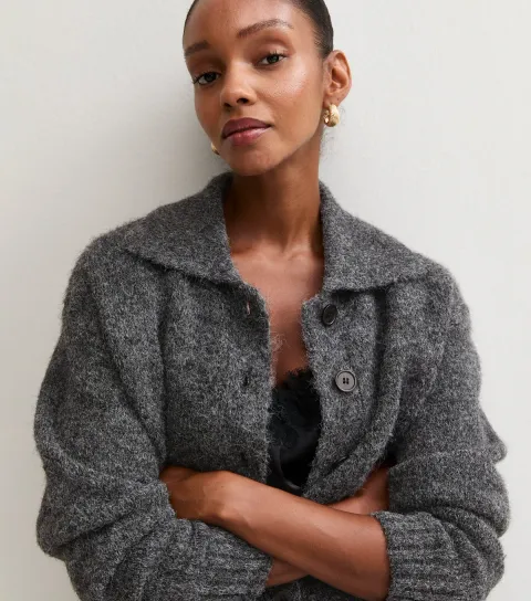 New Look Women's Dark Grey Knitted Collar Cardigan with Wool