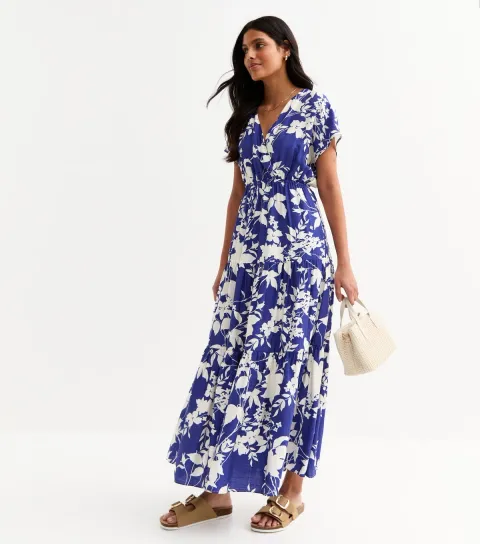 Women's Blue Floral Print Midi Dress