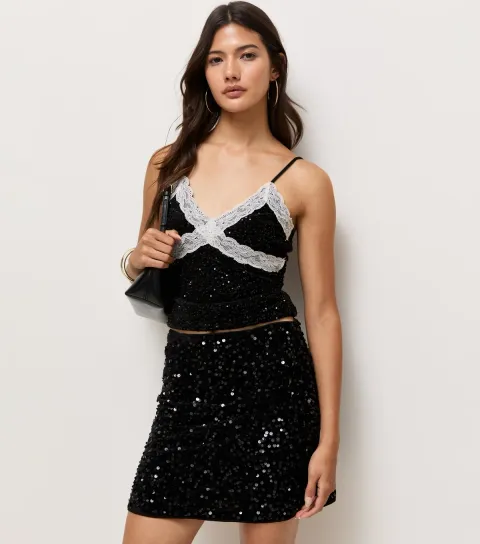 New Look Women's Black Sequin Velvet Mini Skirt
