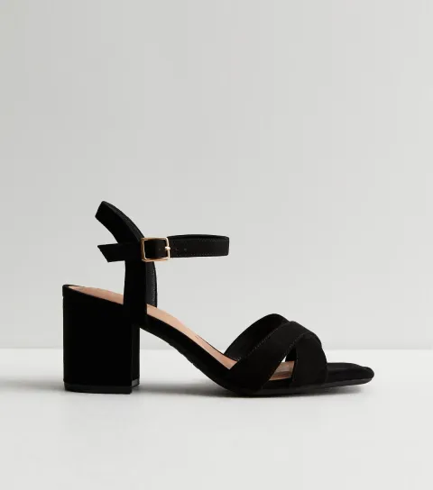 Women's Wide Fit Black Suedette 2 Part Block Heel Sandals