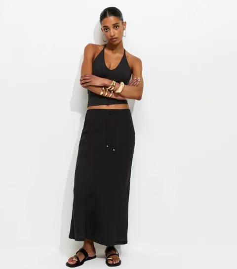 New Look Women's Black Linen Look Bias Cut Midi Skirt
