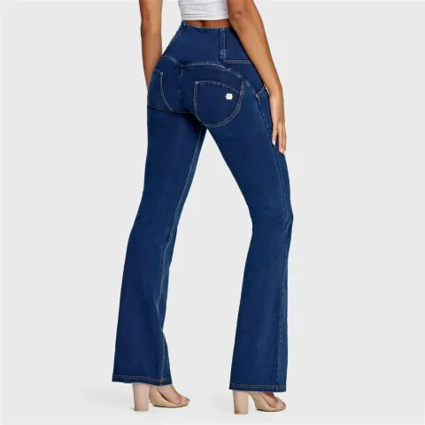 Freddy WRUP Denim - High Waisted - Bell Bottom Flare - Dark Blue + Yellow Stitching