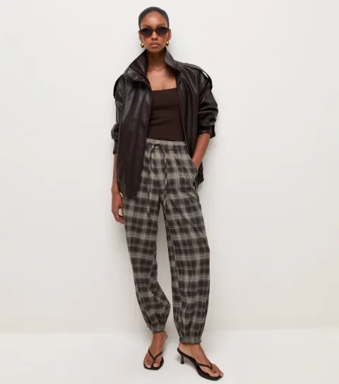 New Look Women's Brown Check Tapered Cuff Drawstring Trousers