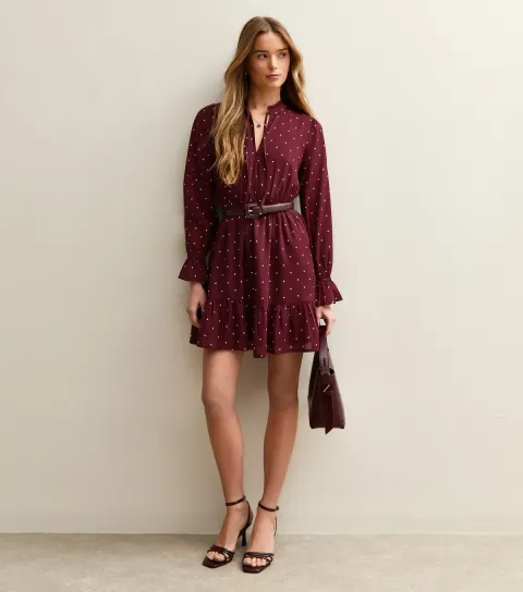 Women's Red Chiffon Polka Dot Tie Neck Mini Dress