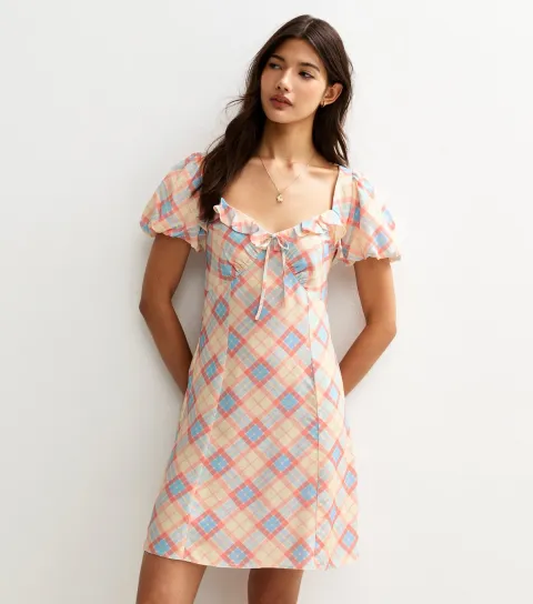 New Look Women's Cream Checked Ruffle Trim Mini Dress