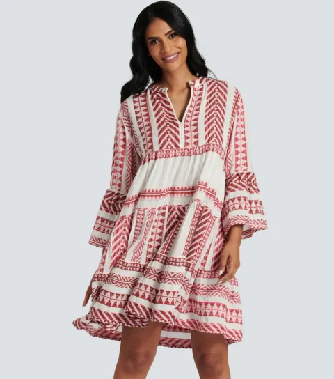 South Beach Women's Red Abstract Print Tiered Mini Dress