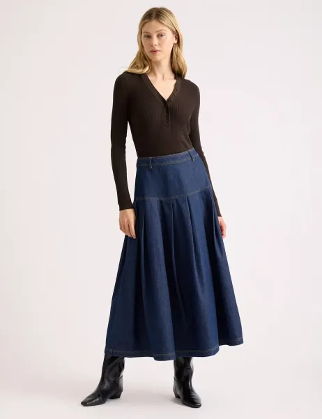 Albaray Denim Pleated Drop Waist Midi A-Line Skirt Indigo
