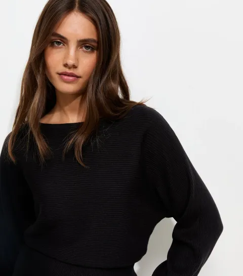 Women's Black Lightweight Ribbed Knit Slash Neck Batwing Jumper