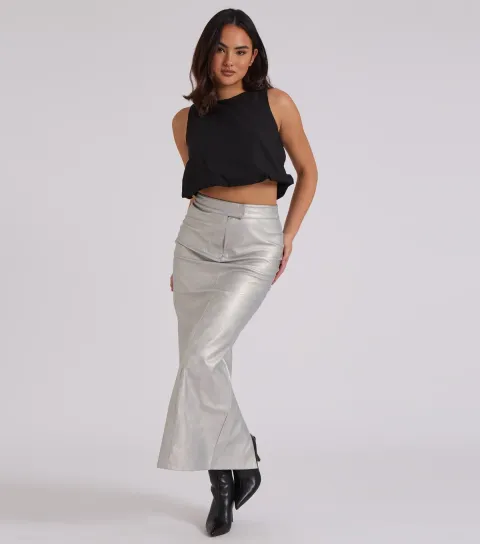 Women's Silver Faux Leather Midi Skirt
