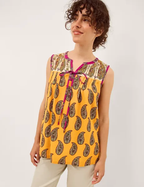 Monsoon Paisley Notch Neck Tie Detail Top Yellow Mix