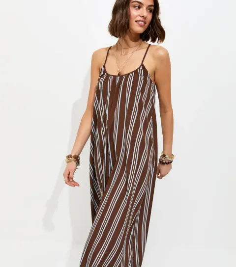 Women's Brown Stripe Crepe Cami Strap Maxi Dress