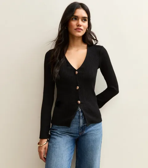 Women's Black Textured Button Through Long Sleeve Top