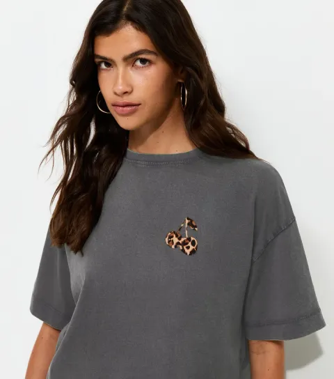 Women's Dark Grey Cotton Leopard Cherry Print Oversized T-Shirt