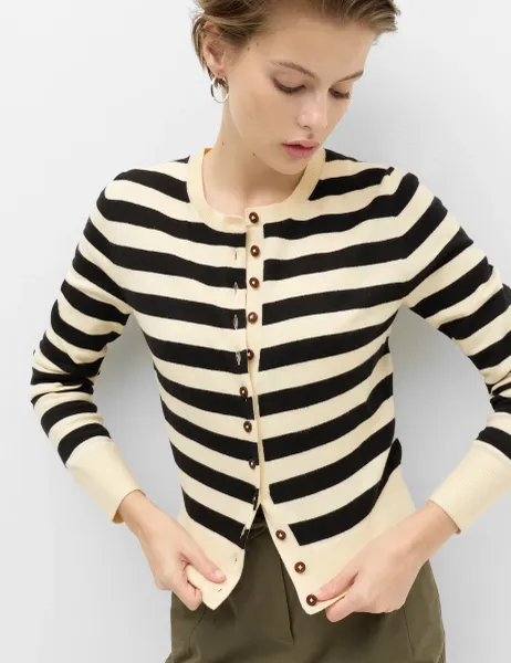 Marks & Spencer Air-Yarn Striped Cropped Cardigan Light Cream