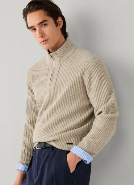 Merino Wool-Cashmere Rib Quarter Zip Jumper