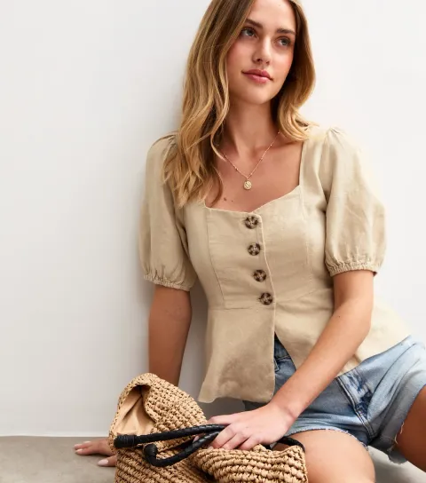 Women's Stone Linen Blend Button Up Top