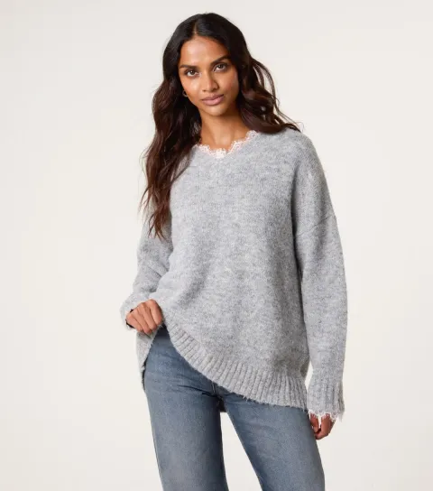 Women's Grey Lace Trim V-Neck Jumper