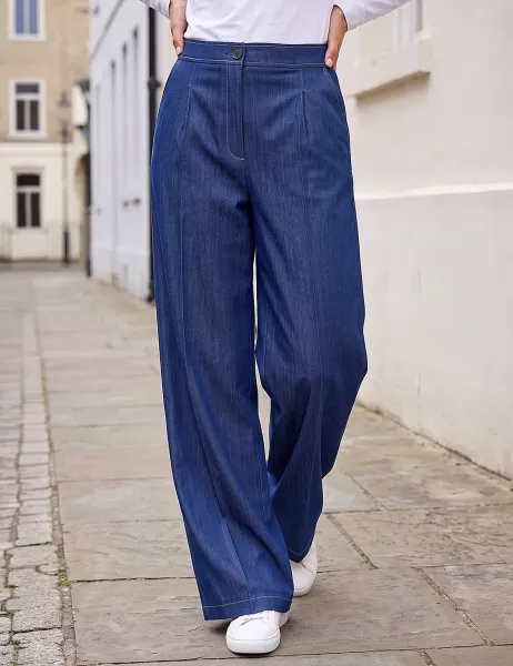Roman Denim Contrast Stitch Wide Leg Trousers Indigo Mix