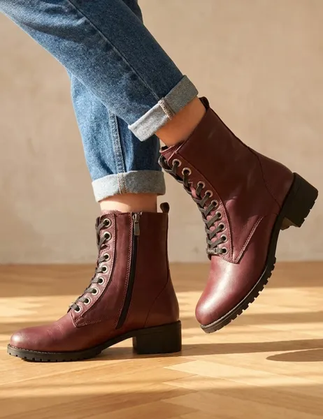 Jones Bootmaker Leather Block Heel Ankle Boots Burgundy