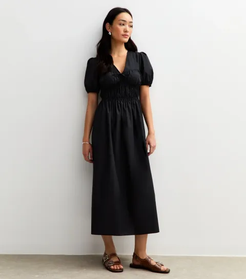 Women's Black V Neck Shirred Bodice Bow Front Midi Dress