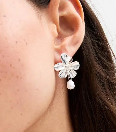 Silver Tone Faux Pearl Drop Flower Earrings
