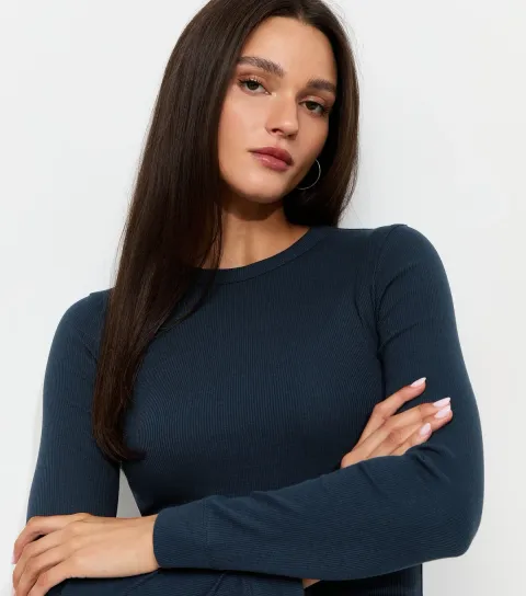 New Look Women's Navy Cotton Rich Ribbed Crew Neck Long Sleeve Top