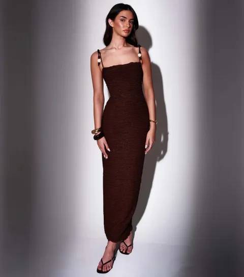South Beach Women's Dark Brown Textured Beaded Strap Maxi Dress